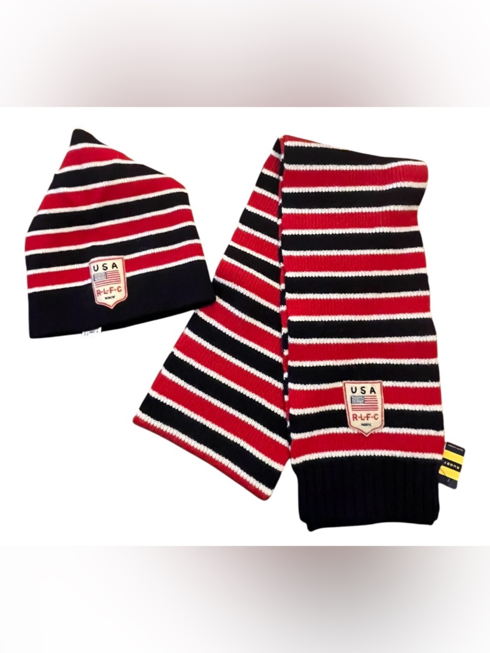 Vintage 2004 Rugby Ralph Lauren USA/Flag Logo Striped Hat and Scarf Set
